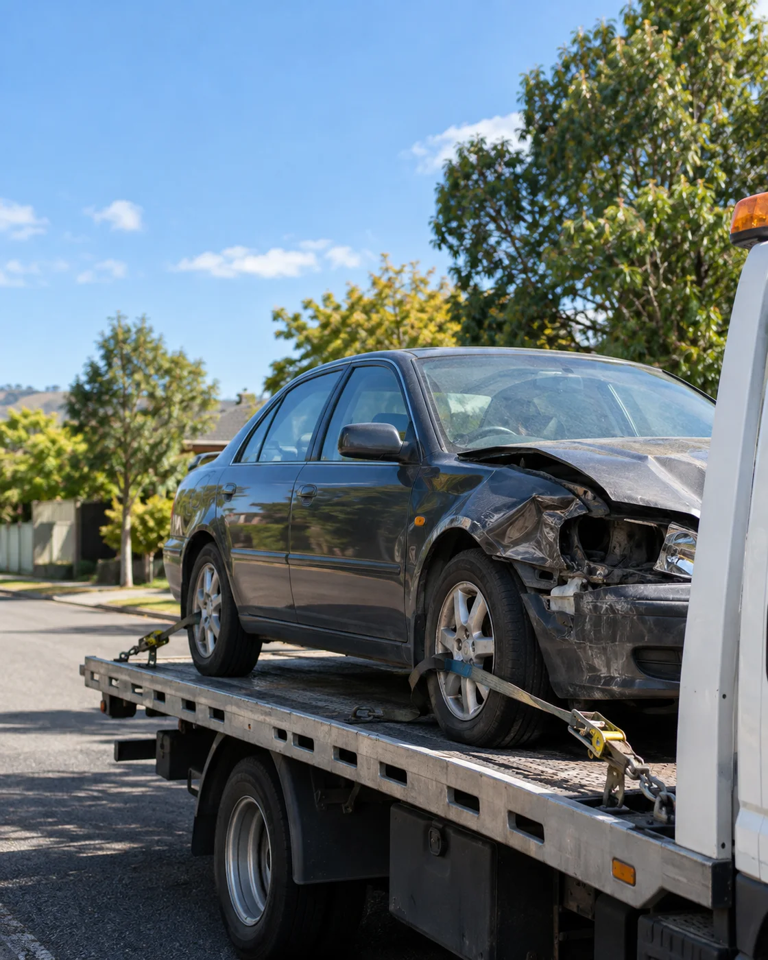 Illustrative image of a damaged car secured on a recovery truck